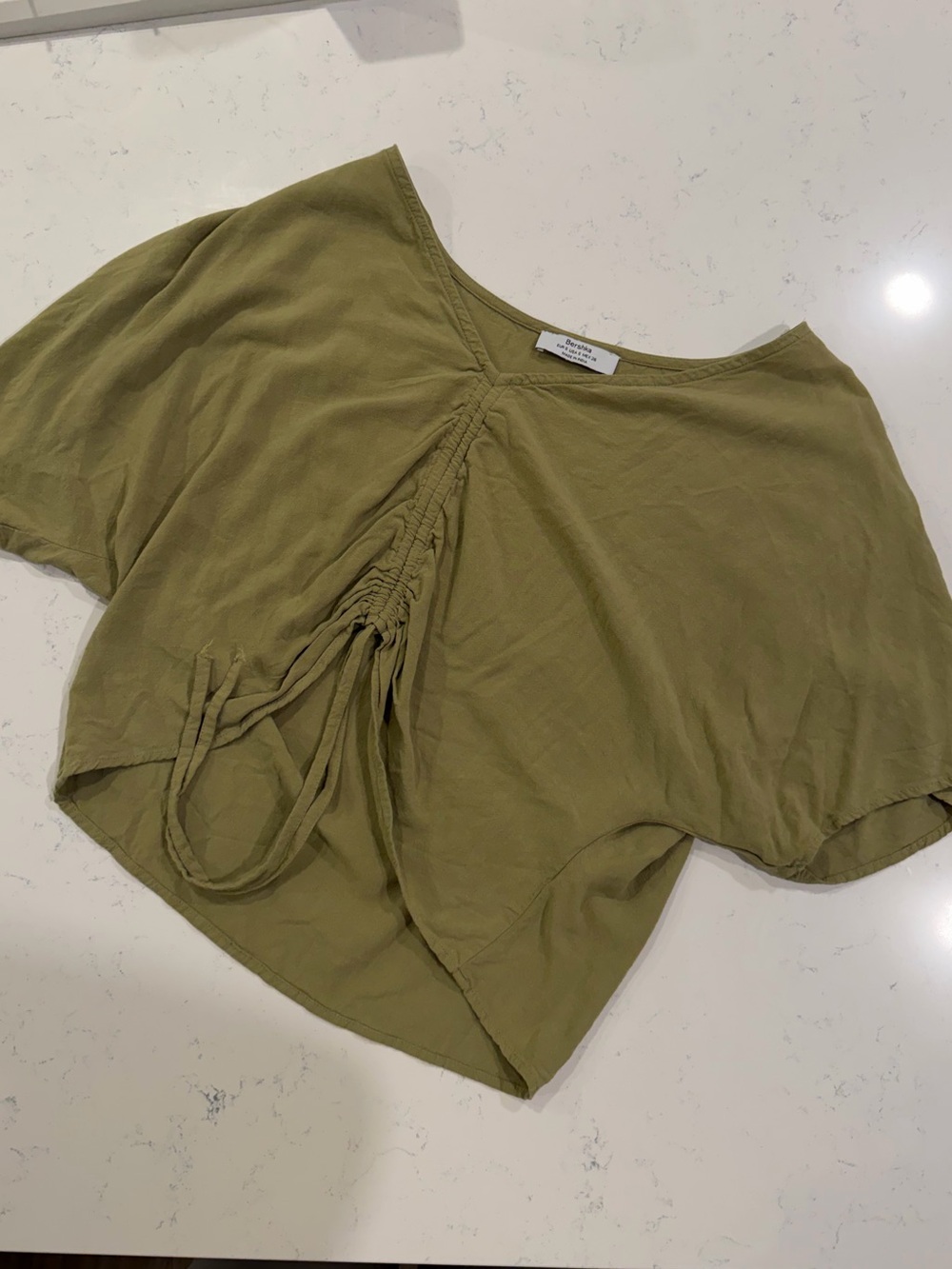 Bershka Olive Drawstring Cropped Flutter Sleeve Top